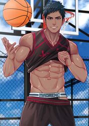  1boy abs aomine_daiki ball basketball basketball_(object) basketball_uniform black_eyes blue_hair briefs clothes_lift cloud dark-skinned_male dark_blue_hair dark_skin day grin highres kuroko_no_basuke looking_at_viewer male_focus male_underwear maorenc navel outdoors short_hair shorts sky smile solo sportswear teeth toned toned_male underwear 