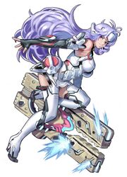  absurdres android bare_shoulders blue_hair boots breasts calilo elbow_gloves female forehead_protector full_body gloves high_heel_boots high_heels highres kos-mos kos-mos_re: large_breasts long_hair red_eyes solo thighhighs very_long_hair weapon xenoblade_chronicles_(series) xenoblade_chronicles_2 xenosaga 