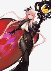  argyle_cape argyle_clothes azur_lane between_breasts black_cape black_dress black_gloves breasts brown_hair cape capelet cleavage_cutout clemenceau_(azur_lane) closed_mouth clothing_cutout covered_navel cross crown dress etama_quomo female fur-trimmed_capelet fur_trim gloves highres hip_vent holding holding_staff jewelry large_breasts lips long_dress long_hair long_sleeves red_cape red_eyes sidelocks signature simple_background smile solo staff tight_clothes tight_dress tilted_headwear two-sided_cape two-sided_fabric two-tone_cape white_background 