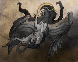  ambiguous_gender biceps black_body black_hair brown_background classical claws dark_body deity demon diorionarh feathered_wings feathers feral fur grey_body hair horn male muscular muscular_male mythology paws renaissance simple_background smile smirk solo tail tail_motion tailwag unknown_species wings 