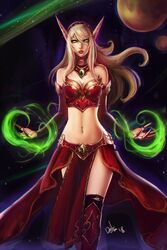  blonde_hair blood_elf_(warcraft) boots breasts claw_(weapon) cleavage colored_sclera corset distr female green_eyes green_sclera hairband highres large_breasts long_eyebrows long_hair looking_at_viewer magic navel navel_piercing parted_lips pelvic_curtain piercing planet pointy_ears red_skirt signature skirt solo thighhighs warcraft weapon world_of_warcraft 