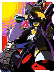  1boy android armor bass_(mega_man) bird black_headwear border bottle closed_eyes commentary drinking fangs glint gloves grin helmet holding holding_bottle looking_to_the_side male_focus mega_man_(classic) mega_man_(series) motor_vehicle motorcycle multicolored_background napo non-humanoid_robot on_motorcycle outside_border red_eyes reggae_(mega_man) robot robot_animal robot_ears sharp_teeth shoulder_armor sitting smile teeth treble_(mega_man) vehicalization white_border white_gloves 