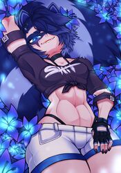  abs animal_humanoid black_hair blue_eyes blush bottomwear buffpup_(artist) clothing colored_nails female flower hair hand_over_head hi_res humanoid mammal mammal_humanoid nails navel open_mouth plant procyonid procyonid_humanoid raccoon_humanoid short_hair shorts smile snuffy solo teeth virtual_youtuber vtuber 