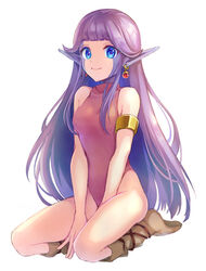  breasts closed_mouth earrings esper_(saga) female full_body jewelry leotard long_hair looking_at_viewer no_s pointy_ears purple_hair saga saga_1 simple_background smile solo white_background 