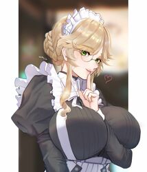  ade_(nikke) apron arm_between_breasts artist_name between_breasts blonde_hair blurry bow bowtie braid breasts chest_harness commentary_request depth_of_field eyewear_strap female finger_to_mouth glasses goddess_of_victory:_nikke green_eyes harness heart highres huge_breasts juliet_sleeves light_blush lips long_sleeves looking_at_viewer maid maid_headdress nose parted_lips puffy_sleeves shushing sidelocks solo uchujin_416 upper_body white_bow white_bowtie 