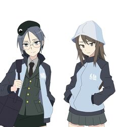  2girls bad_id bad_twitter_id bag beret black-framed_eyewear black_headwear black_jacket black_necktie black_skirt blue_headwear brown_eyes brown_hair carrying commentary_request cowboy_shot dress_shirt duffel_bag emblem girls_und_panzer glasses grey_eyes grey_hair hand_in_pocket hands_in_pockets hat highres inactive_account jacket jacket_on_shoulders japanese_tankery_league_(emblem) keizoku_military_uniform korean_commentary long_hair long_sleeves looking_at_viewer mika_(girls_und_panzer) military military_hat military_uniform miniskirt multiple_girls necktie pencil_skirt round_eyewear rumi_(girls_und_panzer) school_connection selection_university_military_uniform shirt short_hair simple_background skirt standing tulip_hat uniform wani_(perfect_han) white_background white_shirt 