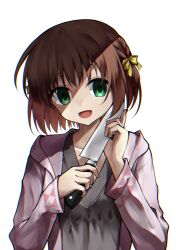  :d blade_to_throat bow braid brown_hair commentary crazy_smile empty_eyes empty_x_embryo eyebrows_hidden_by_hair female green_eyes grey_shirt hair_between_eyes hairbow hands_up highres holding holding_knife hood hood_down hooded_jacket index_finger_raised jacket kamigoryou_madoka knife long_sleeves looking_at_viewer medium_hair open_clothes open_jacket open_mouth pink_jacket sesen2000 shirt side_braid simple_background smile solo upper_body white_background yellow_bow 