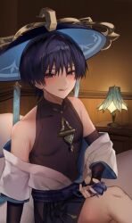  1boy :d arm_at_side belt black_belt black_bodysuit black_bridal_gauntlets black_hair black_shorts blue_kimono blue_sleeves blunt_ends blush bodysuit bow bridal_gauntlets cabinet choppy_bangs covered_abs desk_lamp fingernails genshin_impact gold_ring hakama hakama_shorts highres hip_vent indoors japanese_clothes juban kimono lamp layered_sleeves looking_at_viewer male_focus mandarin_collar middle_ring mole mole_under_eye naughty_face off_shoulder on_bed open_clothes open_hand open_kimono pectorals pillow pleated_shorts purple_bow purple_eyes purple_pupils purple_rope purple_sash rope sash scaramouche_(genshin_impact) short_sleeves shorts smile solo sweat tassel toned toned_male tongue tongue_out tsurime wanderer_(genshin_impact) white_kimono white_sleeves yu_(geda4335) 