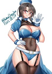  absurdres alternate_costume beret black_hair black_thighhighs blue_hat blush breasts choker cleavage closed_mouth commentary covered_navel cowboy_shot dated female garter_straps gloves hand_on_own_hip hat highres hip_vent kantai_collection katou_shinobu large_breasts looking_at_viewer one-hour_drawing_challenge race_queen red_eyes short_hair short_sleeves simple_background smile solo takao_(kancolle) thighhighs twitter_username waving white_background white_gloves 