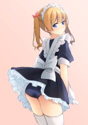  apron ass black_dress blue_eyes commentary_request cowboy_shot dress female frilled_apron frills from_behind gradient_background highres long_hair looking_at_viewer looking_back maid maid_headdress orange_hair original pink_background school_swimsuit shibacha solo swimsuit swimsuit_under_clothes thighhighs twintails white_apron white_thighhighs 