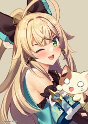  :d ahoge bare_shoulders blonde_hair blunt_bangs blush crossed_bangs detached_sleeves feline female flipped_hair from_side genshin_impact green_eyes hair_between_eyes hair_ornament highres kirara_(genshin_impact) long_hair looking_at_viewer looking_to_the_side oerba_yun_fang one_eye_closed open_mouth ponytail sasha_chii simple_background sleeveless smile solo upper_body x_hair_ornament yellow_background 