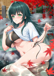  antenna_hair ass autumn_leaves barefoot bikini black_bikini blush breasts bright_pupils closed_mouth clothes_lift commentary_request covered_nipples curvy embarrassed eyelashes feet_out_of_frame female fingernails gakuen_idolmaster green_eyes green_hair hair_intakes hands_up highres idolmaster large_breasts lifting_own_clothes lips long_hair looking_at_viewer lying navel on_side onsen paid_reward_available sakuranotsukasa shirt shirt_lift short_sleeves side-tie_bikini_bottom sidelocks soaking_feet solo steam stomach swimsuit thighs tsukimura_temari underboob water_drop wet white_shirt 