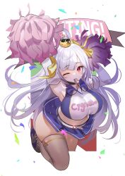  absurdres azur_lane belt blunt_bangs breasts cheerleader cygnet_(azur_lane) cygnet_(royal_fanfare)_(azur_lane) elbow_gloves female gloves highres holding holding_pom_poms large_breasts long_hair looking_at_viewer manjuu_(azur_lane) mouth_hold official_alternate_costume one_eye_closed pom_pom_(cheerleading) purple_skirt red_eyes ribbon shirt skirt sleeveless sleeveless_shirt solo teddy_(khanshin) thighhighs transparent_background two-tone_shirt whistle white_belt white_gloves white_hair white_thighhighs yellow_ribbon 