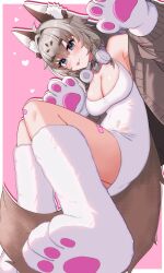  absurdres animal_ear_fluff animal_ears animal_hands bandaid bandaid_on_knee bandaid_on_leg bandaid_on_thigh blue_eyes breasts brown_cardigan brown_hair brown_tail cardigan cleavage collar dress fox_ears fox_girl fox_tail foxplushy gloves grey_collar hair_intakes headphones headphones_around_neck heart_collar highres indie_virtual_youtuber kuwahara_taiki long_hair paw_gloves paw_shoes pink_background sleeveless sleeveless_dress smile tail tongue tongue_out virtual_youtuber white_dress 