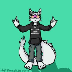  anthro barefoot big_tail bottomwear chains clothed clothing dragon eyewear feet fur furred_dragon furred_scalie gesture green_background hand_gesture hoodie male middle_finger mythological_creature mythological_scalie mythology pants scalie simple_background solo sunglasses tail topwear unknown_artist white_body white_fur 