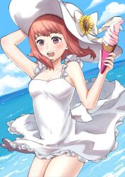  6nutqd2kwd0iqcl :o absurdres armpits artist_name bare_legs bare_shoulders blush bow breasts cleavage cloud dress female fire_emblem fire_emblem_fates floating_clothes flower flower_on_head food frilled_dress frilled_sleeves frills hat highres holding holding_food holding_hat holding_ice_cream holding_unworn_clothes ice_cream ice_cream_cone navel ocean official_alternate_costume open_mouth pink_eyes pink_hair sakura_(fire_emblem) short_hair small_breasts solo sundress sunflower upper_body white_dress white_hat wind wind_lift 