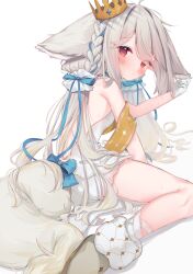  ahoge animal_ears bare_arms bare_back bare_shoulders between_legs blue_bow blue_ribbon blush boots bow closed_mouth commission crown dress ear_down eip_(pepai) embarrassed female foot_out_of_frame fox_ears fox_girl fox_tail from_behind from_side gloves grey_footwear grey_hair hair_between_eyes hair_ornament hair_ribbon hair_scrunchie hairbow hand_between_legs hand_on_own_ear highres large_ears large_tail long_hair looking_at_viewer looking_back low_twintails mini_crown original red_eyes ribbon sakurada_shiro_(hy_plus) sakurada_shiro_(royal_lite)_(hy_plus) sash scrunchie shoulder_sash simple_background single_bare_leg sitting skeb_commission socks solo sweat tail tail_bow tail_ornament thighs twintails very_long_hair wariza white_background white_dress white_gloves 