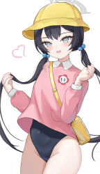  absurdres bag black_hair black_one-piece_swimsuit blue_archive blush commentary covered_navel cowboy_shot female grey_eyes grey_halo hair_bobbles hair_ornament halo hat heart highres holding holding_own_hair kindergarten_bag kindergarten_uniform kisaki_(blue_archive) kisaki_(kindergarten_uniform)_(blue_archive) long_hair long_sleeves looking_at_viewer one-piece_swimsuit open_mouth pink_shirt school_hat shawn358 shirt simple_background smile solo swimsuit swimsuit_under_clothes twintails white_background yellow_bag yellow_hat 