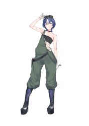  absurdres adjusting_goggles alternate_costume bare_arms bare_shoulders belt black_footwear black_tube_top blue_eyes blue_hair blush boots collarbone female flat_chest full_body gloves goggles goggles_on_head green_overalls highres hiodoshi_ao holding holding_wrench hololive hololive_dev_is hololive_grand_theft_auto inuinuo_gataken looking_at_viewer mechanic mole mole_under_mouth platform_boots platform_footwear short_hair smile solo strapless sweat transparent_background tube_top utility_belt virtual_youtuber white_gloves wrench 