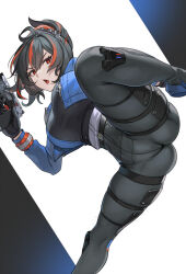  ass black_gloves black_hair blue_jacket blush breasts female flexible gloves gun handgun highres holding holding_gun holding_weapon jacket large_breasts leg_up long_hair looking_at_viewer multicolored_hair pants police police_uniform policewoman ponytail red_eyes red_hair simple_background solo split standing standing_on_one_leg standing_split streaked_hair tight_clothes tight_pants two-tone_hair udaruyo weapon zenless_zone_zero zhu_yuan 