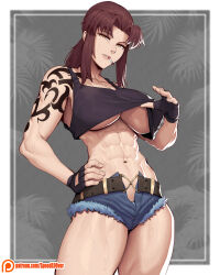  abs absurdres arm_tattoo belt black_gloves black_lagoon black_tank_top blue_shorts border breasts brown_belt brown_eyes brown_hair cigarette clothes_lift commentary contrapposto cowboy_shot cutoffs denim denim_shorts english_commentary female fingerless_gloves gloves half-closed_eyes hand_on_own_hip highres large_breasts lifting_own_clothes long_hair looking_at_viewer micro_shorts mouth_hold muscular muscular_female navel outside_border patreon_logo patreon_username ponytail revy_(black_lagoon) shirt_lift shorts shoulder_tattoo smoking solo speedl00ver standing sweat tank_top tattoo tribal_tattoo underboob web_address white_border 