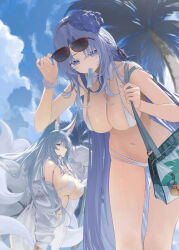  2girls absurdres adjusting_eyewear alsace_(azur_lane) alsace_(heat_beating_summer_sacrament)_(azur_lane) animal_ear_fluff animal_ears azur_lane between_breasts bikini blue_eyes blue_hair breasts cleavage cloud cloudy_sky day detached_collar eyewear_on_head flower food food_in_mouth fox_ears fox_girl fox_tail grey_hair hair_flower hair_ornament hair_spread_out highres holding holding_food holding_popsicle kitsune kyuubi large_breasts large_tail long_hair manjuu_(azur_lane) multi-strapped_bikini_bottom multiple_girls multiple_tails navel necktie necktie_between_breasts official_alternate_costume outdoors palm_tree popsicle popsicle_in_mouth shinano_(azur_lane) shinano_(dreamy_white_sands)_(azur_lane) sideboob sky stomach sunglasses swimsuit tail tree underboob very_long_hair white_bikini white_tail yaoku 