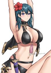  armpits arms_up bare_shoulders bikini black_bikini black_choker blue_eyes blue_hair byleth_(female)_(fire_emblem) byleth_(fire_emblem) choker commentary dagger female fire_emblem fire_emblem:_three_houses fire_emblem_heroes flower hair_between_eyes hair_flower hair_ornament hibiscus highres knife long_hair looking_at_viewer navel obosounds red_flower simple_background solo stomach swimsuit weapon white_background 