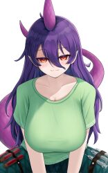  :3 breasts female green_shirt highres horns huge_breasts lizard_tail long_hair looking_at_viewer pink_horns pink_tail pointy_ears purple_hair red_eyes rh_thunderriver shirt single_horn sitting solo syringe t-shirt tail tenkajin_chiyari test_tube touhou white_background 