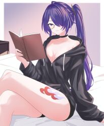  absurdres acheron_(honkai:_star_rail) alternate_hairstyle artist_collaboration bespectacled black_choker book breasts casual choker cleavage collarbone commentary comradekashoot crossed_legs english_commentary female glasses hair_ornament hair_over_one_eye highres holding holding_book honkai:_star_rail honkai_(series) indoors leg_tattoo looking_at_viewer medium_breasts multicolored_hair on_bed parted_lips ponytail purple_eyes purple_hair samlatte signature sitting smile solo streaked_hair tattoo 