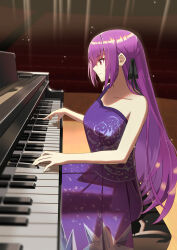  absurdres bare_shoulders breasts collarbone dress fate/grand_order fate_(series) female hair_ribbon highres instrument large_breasts long_hair motukan music piano playing_instrument playing_piano purple_dress purple_hair red_eyes ribbon scathach_(fate) scathach_skadi_(fate) sitting solo 