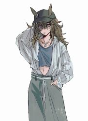  alternate_costume animal_ears arm_behind_head bags_under_eyes baseball_cap black_hat blue_shirt brown_hair candy casual closed_mouth crop_top ears_through_headwear feet_out_of_frame female food green_pants grey_shirt hair_between_eyes hand_in_pocket hat horse_ears jewelry lollipop long_hair long_sleeves looking_at_viewer midriff nakayama_festa_(umamusume) navel necklace open_clothes open_shirt pants pierced_hat purple_eyes sebone_(hydrangea207) shirt shirt_tucked_in simple_background solo standing string_belt umamusume white_background 