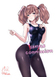  absurdres atlanta_(kancolle) black_one-piece_swimsuit black_pantyhose breasts brown_hair commission competition_swimsuit contrapposto earrings female grey_eyes highres jewelry kantai_collection large_breasts long_hair one-piece_swimsuit pantyhose pantyhose_under_swimsuit shirokuni_ochiho signature simple_background solo star_(symbol) star_earrings swimsuit twitter_username two_side_up white_background 