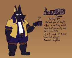  anthro anubis arm_hair belly_hair body_hair bottomwear chest_hair clothing container cup deity dress_shirt egyptian_mythology felineflustered hybrid jackel leg_hair male middle_eastern_mythology model_sheet mug musclegut muscular mythology shirt shorts solo t-shirt text topwear 