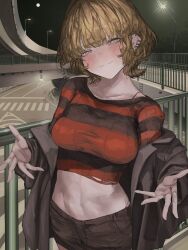  absurdres blonde_hair blush breasts brown_eyes brown_jacket brown_shirt brown_shorts closed_mouth collarbone commentary_request crop_top cropped_shirt ear_piercing female gaku highres jacket large_breasts looking_at_viewer midriff night night_sky off_shoulder open_clothes open_jacket original outstretched_arms piercing railing reaching reaching_towards_viewer red_shirt shirt short_hair shorts sky smile stomach striped_clothes striped_shirt textless_version torn_clothes torn_shirt 