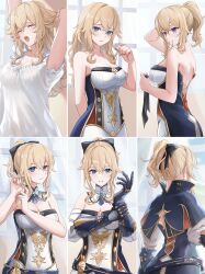  ^_^ alternate_hairstyle arm_behind_back arm_behind_head arms_up bare_arms bare_shoulders belt black_bow blonde_hair blue_capelet blue_eyes blush bow breasts capelet cleavage closed_eyes collarbone commentary_request cowboy_shot cross cross_earrings detached_collar detached_sleeves earrings female from_behind gauntlets genshin_impact glint gold_trim hair_between_eyes hair_down hair_tie_in_mouth hairbow hand_in_own_hair hand_on_chair hand_up highres holding holding_own_hair holding_own_wrist indoors jean_(genshin_impact) jewelry large_breasts light_blush long_hair long_sleeves looking_at_viewer looking_outside medium_breasts medium_hair messy_hair mon-chan morning mouth_hold multiple_views open_mouth pants parted_lips ponytail shirt sidelocks simple_background smile standing strapless strapless_shirt stretching teeth upper_body upper_teeth_only white_background white_pants white_shirt window yawning 