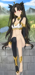  absurdres arm_support asymmetrical_legwear black_bow black_hair black_thighhighs blurry bow depth_of_field detached_collar detached_sleeves fate/grand_order fate_(series) female hairbow highres ishtar_(fate) landscape long_hair looking_at_viewer midriff navel outdoors red_eyes sitting smile solo studiohaoto thighhighs toes twintails 