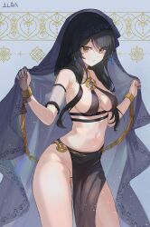  alternate_costume artist_request bare_shoulders bikini black_bikini black_hair breasts brooch chains choker cleavage commission cowboy_shot cuffs detached_sleeves elsword eve_(2nas)_(elsword) eve_(elsword) facial_mark female hair_over_shoulder highres jewelry long_hair looking_at_viewer medium_breasts midriff navel no_panties parted_lips pelvic_curtain second-party_source see-through_clothes shackles solo standing stomach swimsuit thighs veil yellow_eyes 