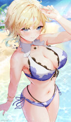  absurdres aizawa_ema aizawa_ema_(summer_c102) alternate_hairstyle aqua_nails armpits beach bikini bikini_day blonde_hair blue_bikini blue_eyes blue_sky blush breasts cat_earrings closed_mouth day earrings female floral_print_bikini front-tie_bikini_top front-tie_top gradient_hair highres jewelry large_breasts layered_bikini looking_at_viewer motoja_72p multicolored_hair nail_polish navel ocean outdoors palm_tree side-tie_bikini_bottom sky smile solo stomach swimsuit thighs tree virtual_youtuber vspo! watch white_bikini wristwatch 