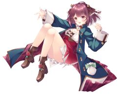  :d ass atelier_(series) atelier_sophie_2 blue_coat boots braid brown_footwear coat collared_coat commentary commission english_commentary female full_body hand_up highres jewelry knees_up long_coat long_sleeves looking_at_viewer necklace open_mouth outstretched_arm red_eyes red_hair red_skirt shizuki_ayame short_hair side_braid simple_background sitting skeb_commission skirt smile solo sophie_neuenmuller white_background 