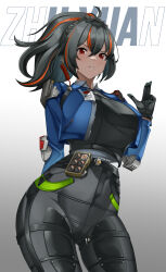  absurdres ass_visible_through_thighs black_gloves black_hair blue_jacket breasts character_name female gloves gradient_background high-waist_pants highres indy_k jacket large_breasts long_hair looking_at_viewer metal_hairband multicolored_hair pants police police_uniform policewoman ponytail red_hair solo standing streaked_hair tight_clothes tight_pants two-tone_hair zenless_zone_zero zhu_yuan 