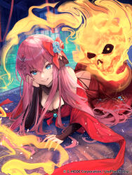  blanket blue_eyes bow breasts copyright_notice dress eyelashes female flaming_skull hair_between_eyes hair_spread_out hand_on_own_face highres large_breasts long_hair lying on_stomach parted_lips pink_hair red_bow red_dress solo souten_no_skygalleon very_long_hair xyunx 