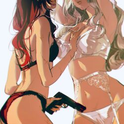  2girls aiming armpits arms_up black_bra black_hair black_panties blonde_hair bra breasts chromatic_aberration finger_on_trigger garter_belt gun hand_on_another&#039;s_cheek hand_on_another&#039;s_face handgun highres holding holding_gun holding_weapon large_breasts lingerie long_hair multiple_girls navel original panties red_hair rrr_(reason) scar scar_on_arm simple_background small_breasts sweatdrop underwear underwear_only weapon white_background white_bra white_panties yuri 