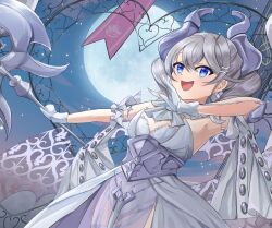  bare_shoulders blue_eyes commission cosplay demon_wings dress drill_hair duel_monster full_moon gloves grey_hair halberd highres holding holding_polearm holding_weapon indie_virtual_youtuber lovely_labrynth_of_the_silver_castle lovely_labrynth_of_the_silver_castle_(cosplay) low_wings misakura_aoi moon multiple_wings ojou-sama_pose polearm skeb_commission transparent_wings twin_drills weapon white_dress white_gloves wings yu-gi-oh! 