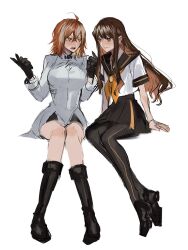  2girls black_footwear black_gloves blush boots brown_eyes brown_hair chaldea_logo command_spell dress fate/grand_order fate_(series) fujimaru_ritsuka_(female) fujimaru_ritsuka_(female)_(decisive_battle_chaldea_uniform) gloves highres kishinami_hakuno_(female) kishinami_hakuno_(female)_(mooncancer) legs long_hair multiple_girls open_mouth orange_hair ou_syoku7 pantyhose pointing school_uniform serafuku simple_background sitting skirt smile talking white_background white_dress yellow_eyes yuri 