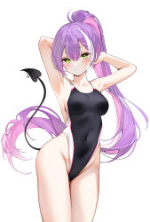  absurdres alternate_costume armpits arms_behind_head arms_up blue_one-piece_swimsuit blush braid braided_bangs breasts colored_inner_hair commentary competition_swimsuit contrapposto covered_navel demon_girl demon_tail double-parted_bangs female green_eyes hair_between_eyes high_ponytail highleg highleg_one-piece_swimsuit highres hololive long_hair looking_at_viewer medium_breasts multicolored_hair official_alternate_hairstyle one-piece_swimsuit parted_lips piercing pink_hair presenting_armpit purple_hair sideboob simple_background solo standing streaked_hair swimsuit tail tail_ornament tail_piercing tail_raised tokoyami_towa very_long_hair virtual_youtuber white_background white_hair yukineko1018 