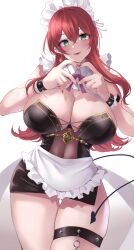  apron ass_visible_through_thighs breasts cleavage cowboy_shot demon_tail earrings female frilled_apron frills green_eyes hair_between_eyes heart heart_hands highres huge_breasts jewelry long_hair nail_polish original red_hair red_nails see-through_clothes simple_background solo tail thigh_gap thigh_strap wee_(weeyy) white_apron white_background 