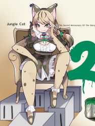  animal_ears anniversary belt camouflage cat_ears cat_girl chair elbow_gloves extra_ears female fingerless_gloves gloves green_eyes grey_hair highres jacket jungle_cat_(kemono_friends) kemono_friends kemono_friends_v_project kiryu_(rnrwbhybsxj4qgk) long_hair looking_at_viewer microphone ribbon shirt shoes skirt solo thighhighs twintails virtual_youtuber 