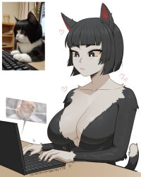  absurdres black_eyes black_fur black_hair black_nails blunt_bangs bob_cut body_fur breasts cleavage closed_mouth collarbone colored_sclera computer english_commentary expressionless eyeshadow feline female furry furry_female heart highres humanization laptop large_breasts makeup medium_hair meme original patreon_username personification photo_inset satelyte simple_background solo table tail thick_eyebrows upper_body white_background white_fur wooden_table yellow_sclera 