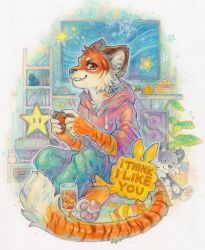  anthro controller felid hi_res i_think_i_like_you male mammal pantherine red_(i_think_i_like_you) ricerins sitting sitting_on_ground smile solo star star_(mario_bros) tiger traditional_media_(artwork) 