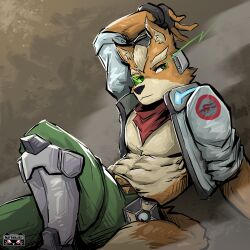  abs absurd_res anthro canid canine clothed clothing fox fox_mccloud hi_res lumii male mammal muscular muscular_male nintendo open_clothing open_shirt open_topwear pecs shirt solo star_fox topwear 